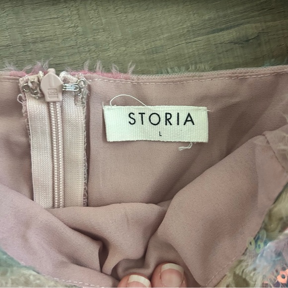 Storia Stacy Sequin Floral Multi Puffed Sleeve Sparkle Babydoll Mini Dress L - Picture 7 of 11